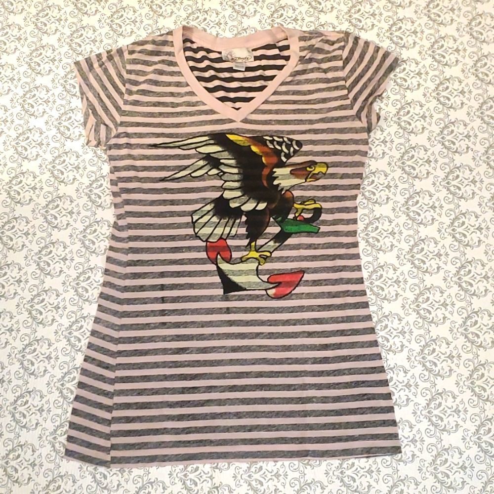 Ed Hardy Y2K Pink and Black Striped Womens T-shirt Eagle Emblem NWOT Medium